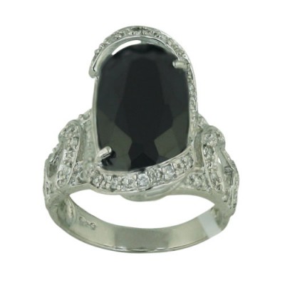 Sterling Silver Ring 22X11mm Black Cubic Zirconia Oval with Clear Cubic Zirconia Around+Sides--