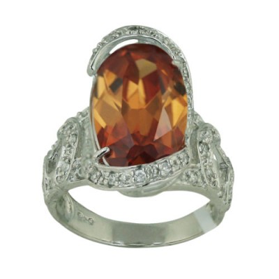 Sterling Silver Ring 22X11mm Champagne Cubic Zirconia Oval with Clear Cubic Zirconia Around+Sides--