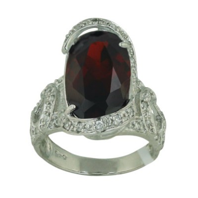 Sterling Silver Ring 22X11mm Garnet Cubic Zirconia Oval with Clear Cubic Zirconia Around+Sides--
