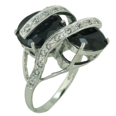 Sterling Silver Ring Oppositive 12X10mm Black Cubic Zirconia Round with 2 Bypass Clear Cubic Zirconia