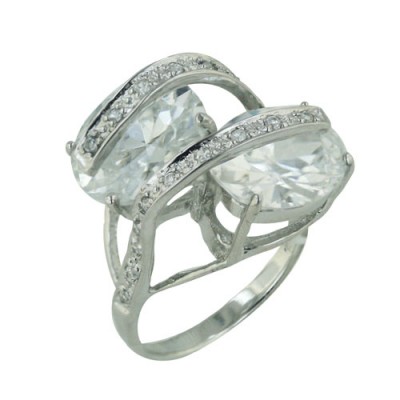 Sterling Silver Ring Oppositive 12X10mm Clear Cubic Zirconia Round with 2 Bypass Clear Cubic Zirconia