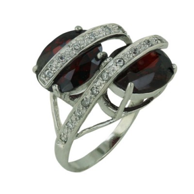 Sterling Silver Ring Oppositive 12X10mm Garnet Cubic Zirconia Round with 2 Bypass Clear Cubic Zirconia