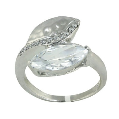 Sterling Silver Ring Oppositive 15X7mm Clear Cubic Zirconia+15X9mm Hammerred Leaf with