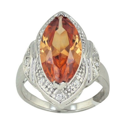 Sterling Silver Ring 24X12mm Champagne Cubic Zirconia Marquis with Clear Cubic Zirconia Around--Rhodium Plating/