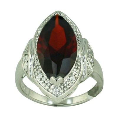 Sterling Silver Ring 24X12mm Garnet Cubic Zirconia Marquis with Clear Cubic Zirconia Around--Rhodium Plating/