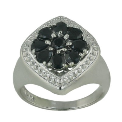 Sterling Silver Ring 20X18mm Black Cubic Zirconia Flower Marquis--Rhodium Plating/Nickle Free--