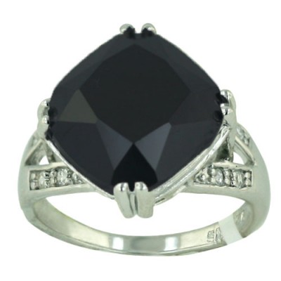 Sterling Silver Ring 16X16mm Black Cubic Zirconia Rhombus with Clear Cubic Zirconia Bar Sides--