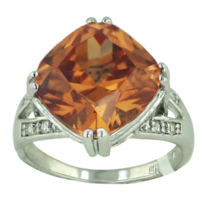 Sterling Silver Ring 16X16mm Champagne Cubic Zirconia Rhombus with Clear Cubic Zirconia Bar Sides--