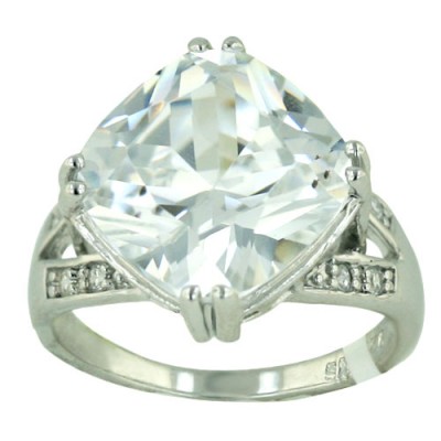 Sterling Silver Ring 16X16mm Clear Cubic Zirconia Rhombus with Clear Cubic Zirconia Bar Sides--