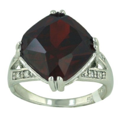Sterling Silver Ring 16X16mm Garnet Cubic Zirconia Rhombus with Clear Cubic Zirconia Bar Sides--
