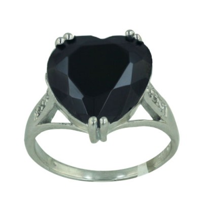 Sterling Silver Ring 14X14mm Black Cubic Zirconia Heart with Clear Cubic Zirconia Bar Sides--Rhodium Plating
