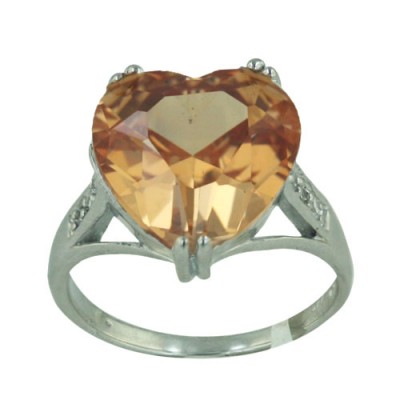 Sterling Silver Ring 14X14mm Champagne Cubic Zirconia Heart with Clear Cubic Zirconia Bar Sides--Rhodium Plating