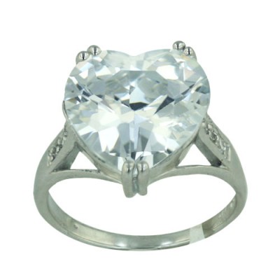 Sterling Silver Ring 14X14mm Clear Cubic Zirconia Heart with Clear Cubic Zirconia Bar Sides--Rhodium Plating