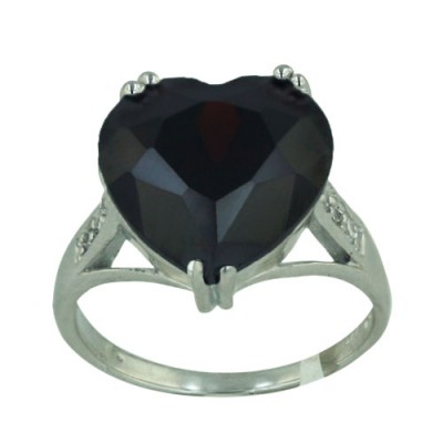 Sterling Silver Ring 14X14mm Garnet Cubic Zirconia Heart with Clear Cubic Zirconia Bar Sides--Rhodium Plating