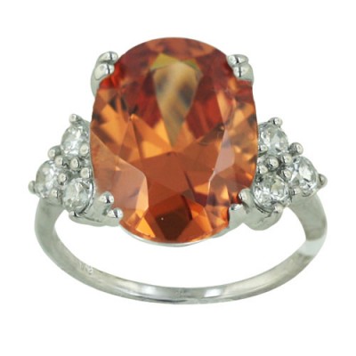 Sterling Silver Ring 16X12mm Champagne Cubic Zirconia Oval with Clear Cubic Zirconia Flower Sides--Rhodium Plating