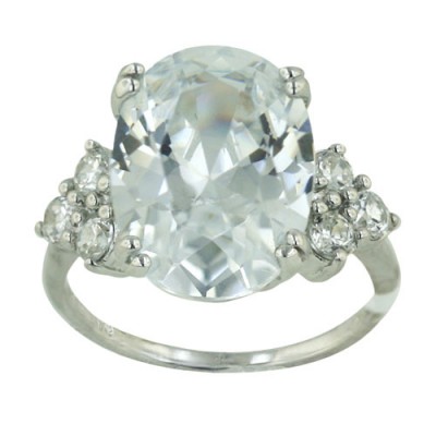 Sterling Silver Ring 16X12mm Clear Cubic Zirconia Oval with Clear Cubic Zirconia Flower Sides--Rhodium Plating
