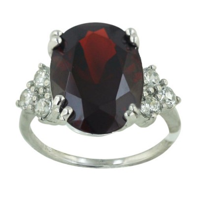 Sterling Silver Ring 16X12mm Garnet Cubic Zirconia Oval with Clear Cubic Zirconia Flower Sides--Rhodium Plating