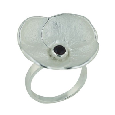 Sterling Silver Ring 5mm Garnet Gemstone with 25X23mm Folded Up Flower-