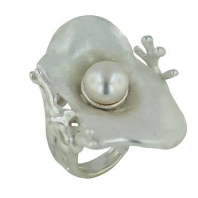 Sterling Silver Ring 42X27mm Flower with 10mm White Freshwater Pearl