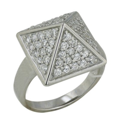 Sterling Silver Ring Clear Cubic Zirconia Pyramid--Rhodium Plating/Nickle Free--