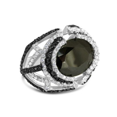Sterling Silver Ring Black Cubic Zirconia Round with Pave Amethyst + Clear Cubic Zirconia--B