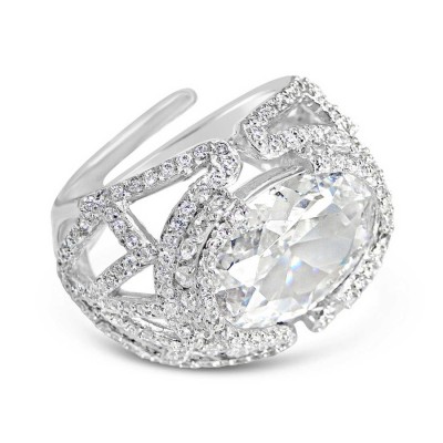 Sterling Silver Ring Clear Cubic Zirconia Round with Pave Cubic Zirconia Sides--Rhodium Plating/Nickle Free--