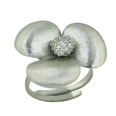 Sterling Silver Ring Rhodium Plating Plate Flower Scratched with Clear Cubic Zirconia Ctr--Rhodium Plating/N