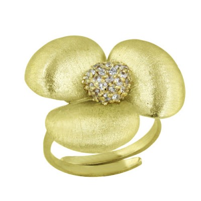 Sterling Silver Ring Matte Gold Plate Flower Scratched with Clear Cubic Zirconia Citrine