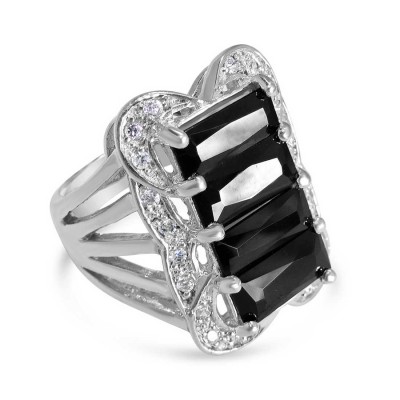 Sterling Silver Ring 4 Black Cubic Zirconia Baguette with Cubic Zirconia Around--Rhodium Plating/Nickle Free--