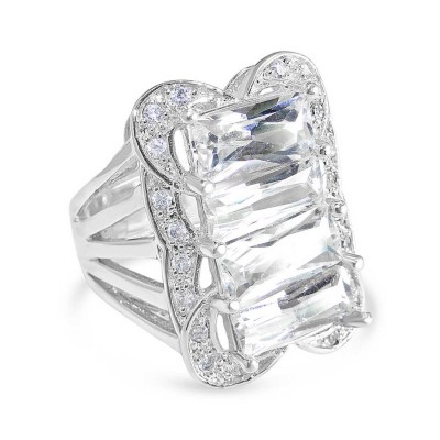 Sterling Silver Ring 4 Clear Cubic Zirconia Baguette with Cubic Zirconia Around--Rhodium Plating/Nickle Free--