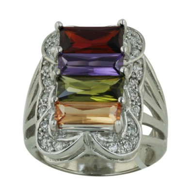 Sterling Silver Ring Garnet +Champagne+Olivine+Amethyst Cubic Zirconia Baguette with Cubic Zirconia Around--Rhodium Plating/N