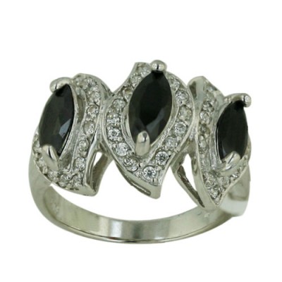 Sterling Silver Ring 3 Black Cubic Zirconia Marquis with Cubic Zirconia Around--Rhodium Plating/Nickle Free--