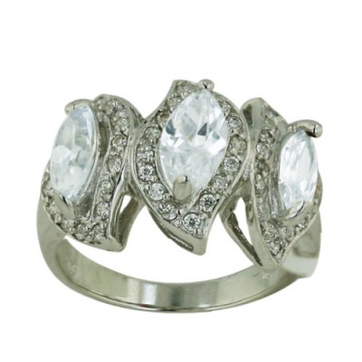 Sterling Silver Ring 3 Clear Cubic Zirconia Marquis with Cubic Zirconia Around--Rhodium Plating/Nickle Free--