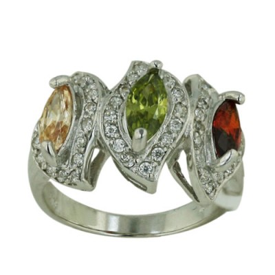 Sterling Silver Ring 3 Garnet +Olivine+Champagne Cubic Zirconia Marquis with Clear Cubic Zirconia Around--Rhodium Plating/