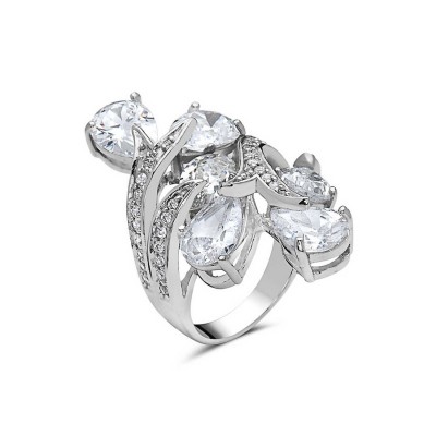 Sterling Silver Ring Clear Cubic Zirconia Tear Drop with Clear Cubic Zirconia Bypass-Rhodium Plating/Nickle Free--