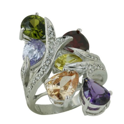 Sterling Silver Ring Amethyst+Garnet +Champagne+Lv+Olivine Cubic Zirconia Tear Drop with Clear Cubic Zirconia Bypass--
