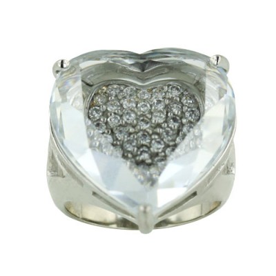 Sterling Silver Ring 20mm Clear Cubic Zirconia Heart with 3 Prongs--Rhodium Plating/Nickle Free--