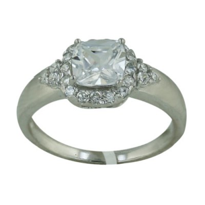 Sterling Silver Ring 7X7mm Cushion with Clear Cubic Zirconia Around--Rhodium Plating