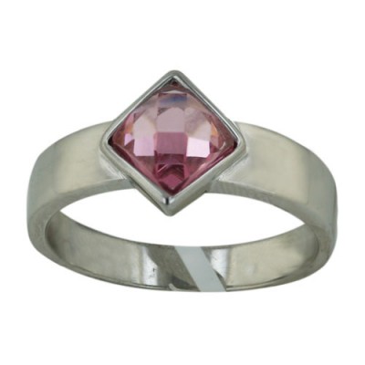 Sterling Silver Ring Pink Cubic Zirconia Facetted Cut Rhombus--Rhodium Plating/Nickle Free--
