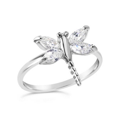 Sterling Silver Ring Clear Cubic Zirconia Dragonfly--Rhodium Plating/Nickle Free--