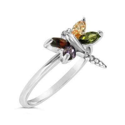 Sterling Silver Ring Garnet +Champagne+Amethyst+Olivine Cubic Zirconia Dragonfly--Rhodium Plating/Nickle Free--