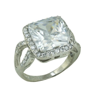 Sterling Silver Square Ring with 12mm Center Clear Cubic Zirconia