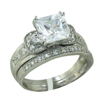Sterling Silver Set Rings with Square 8mm Center Clear Cubic Zirconia