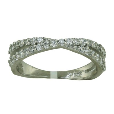 Sterling Silver Ring Crossed Clear Cubic Zirconia Lines