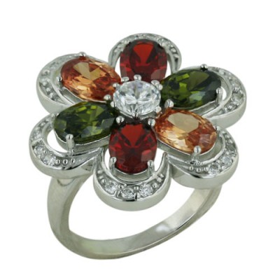 Sterling Silver Ring Multicolor-Color Cubic Zirconia Flower Olivine+G+Champagne+Cubic Zirconia