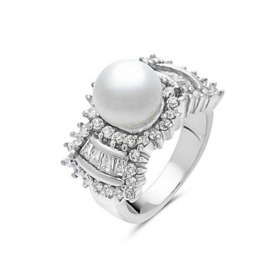 Sterling Silver Ring Clear Cubic Zirconia with 10mm Fresh Water Pearl