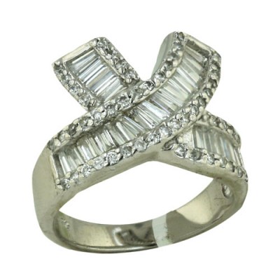 Sterling Silver Ring Clear Cubic Zirconia Crossed Channel Setting