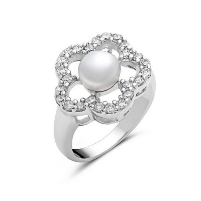Sterling Silver Ring Clear Cubic Zirconia with 7mm White Fresh Water Pearl