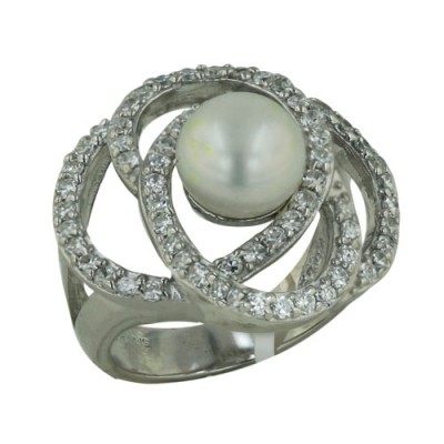 Sterling Silver Ring Clear Cubic Zirconia with 9mm White Fresh Water Pearl Rhodium Plating Plating