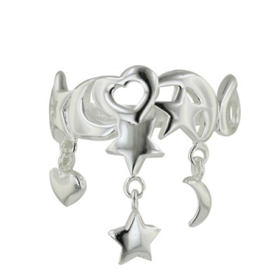Sterling Silver Ring Wavy Lines with Dangling Star -E-Coat-